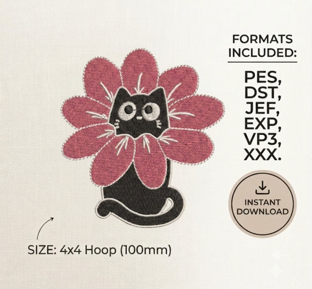 Cute Black Cat with Pink Floral Collar Machine Embroidery Design Pattern Hoop Art Instant Download File 4x4 Hoop (100mm)