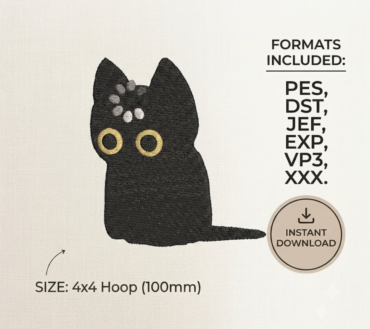 Loading Cute Black Cat Machine Embroidery Design Pattern for 4x4 Hoop (100mm) | Funny Tech Humor Animal Art Instant Download File - PES, DST, JEF, EXP, VP3, XXX