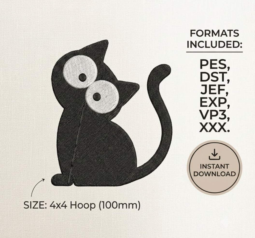 Freebie - Cute Black Cat Machine Embroidery Design - Instant Download File - 4x4 Hoop (100x100mm)